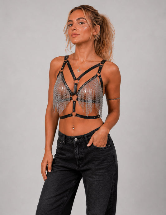 Schwarzes Harness mit silbernen Ketten